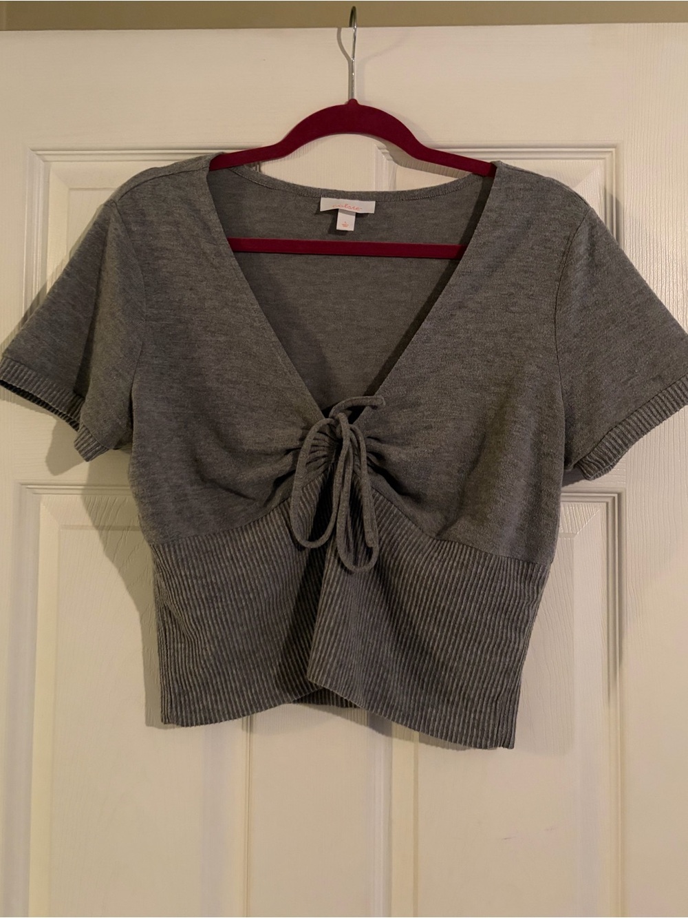 Colsie Gray Knit Top with Burgundy Stripe